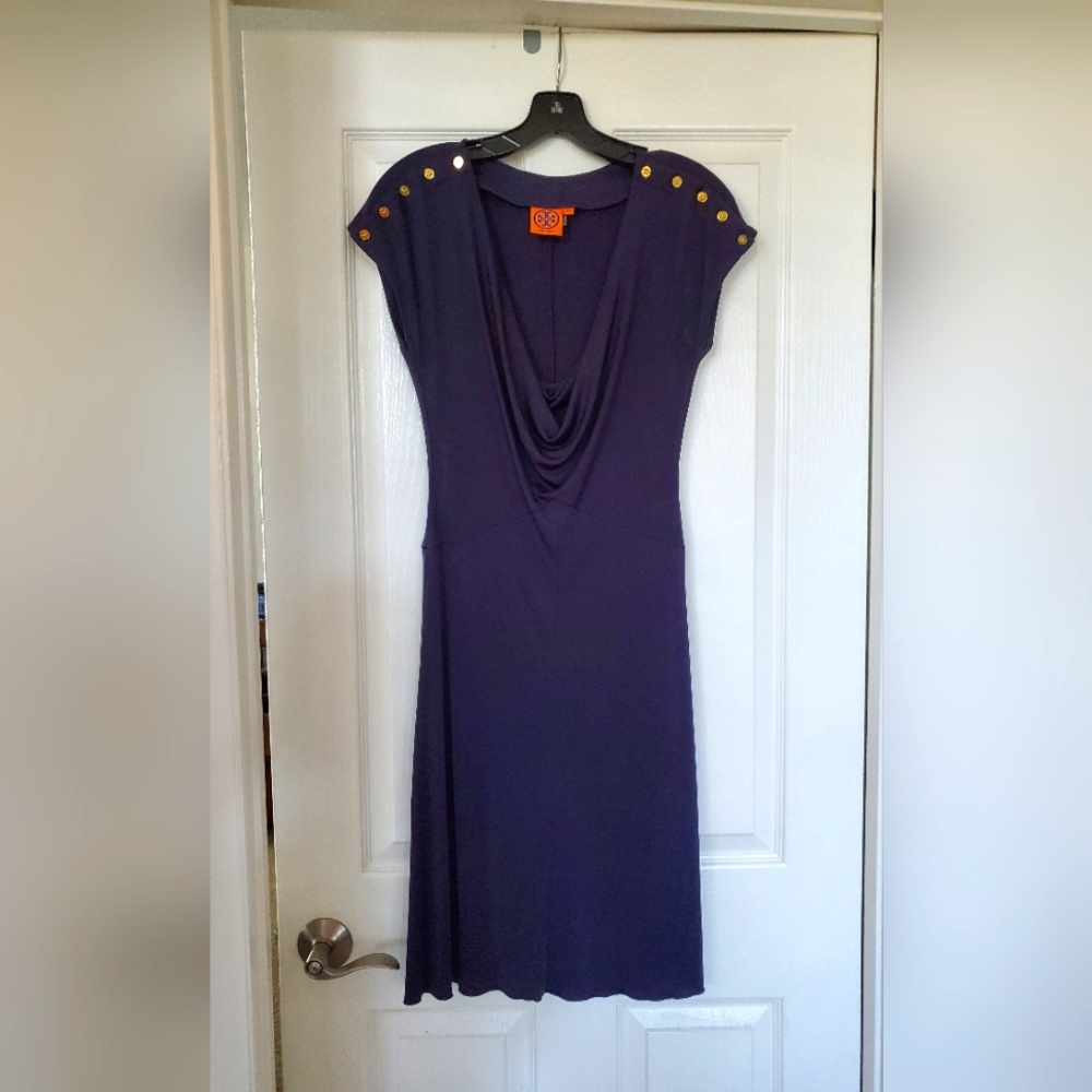 Tory Burch - Navy Silk Cowl Neck Dress w/Gold Tone Buttons, Size XS
